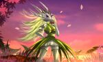 2024 anthro azaries_amnera blonde_hair breasts clothed clothing day detailed_background digital_media_(artwork) dragon dress eyelashes female green_body grey_body grey_scales hair heralds_of_the_avirentes hi_res holidays horn legwear looking_at_viewer outside purple_eyes scales scalie sky smile solo standing telleryspyro valentine&#039;s_day western_dragon
