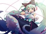  1girl aqua_eyes aqua_hair aqua_necktie black_bow bow breasts framed_breasts gloves hatsune_miku headphones highres holding holding_microphone hoop_skirt lanter_qwq large_breasts long_hair looking_at_viewer magical_mirai_miku magical_mirai_miku_(2016) microphone necktie open_mouth short_necktie sketch solo twintails very_long_hair vocaloid white_background white_gloves 