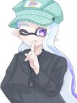  1girl aqua_headwear blue_hair bright_pupils closed_mouth commentary_request eyelashes finger_to_mouth gradient_hair hat highres inkling_girl inkling_player_character long_hair multicolored_hair one_eye_closed pointy_ears purple_eyes purple_hair simple_background smile solo splatoon_(series) splatoon_3 tentacle_hair tonbofree two-tone_hair upper_body white_background white_pupils 