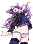  1girl absurdres black_jacket black_thighhighs blue_panties digimon digimon_story:_cyber_sleuth digimon_story:_sunburst_and_moonlight digivice digivice_ic gerusyu goggles goggles_on_head hat highres jacket long_hair looking_at_viewer navel panties purple_eyes purple_hair sayo_(digimon) shorts simple_background skirt solo striped_clothes striped_panties striped_thighhighs thighhighs underwear white_background white_panties 