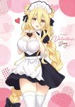  1girl alternate_breast_size apron black_bow black_bowtie black_ribbon black_skirt blonde_hair bow bowtie braid breasts candy chocolate cleavage date_a_live food hand_on_own_chest happy happy_valentine heart heart-shaped_chocolate heart_hands highres hoshimiya_mukuro large_breasts long_hair maid maid_apron maid_headdress miniskirt oppai_loli puffy_short_sleeves puffy_sleeves ribbon short_sleeves skirt smile thighhighs thighs tsubasaki valentine very_long_hair white_thighhighs yellow_eyes 