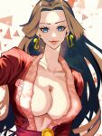  1girl black_hair blue_eyes boa_hancock breasts cleavage commentary detective_0414 earrings highres hime_cut jewelry long_hair looking_to_the_side one_piece red_shirt shirt smile snake_earrings solo twitter_username upper_body 