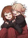  2girls black_sweater blonde_hair blunt_bangs blush boku_no_hero_academia brown_eyes brown_hair double_bun fangs feet_out_of_frame ginjaeru hair_bun highres holding_another&#039;s_arm hug knees_up licking licking_ear long_hair long_skirt long_sleeves matching_outfits messy_hair multiple_girls one_eye_closed open_mouth pleated_skirt red_skirt ribbed_sweater simple_background sitting skirt sleeves_past_wrists smile sweater toga_himiko tongue tongue_out turtleneck turtleneck_sweater uraraka_ochako white_background yellow_eyes yuri 