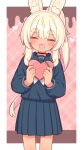  1girl :d ^_^ animal_ear_fluff animal_ears black_choker blonde_hair blue_sailor_collar blue_serafuku blue_shirt blue_skirt blush box choker closed_eyes collarbone commentary facing_viewer fang gift gift_box heart-shaped_box highres holding holding_gift leaning_to_the_side long_hair long_sleeves masurao_(sekaiju) masurao_2_(sekaiju) naga_u neckerchief pleated_skirt ponytail puffy_long_sleeves puffy_sleeves rabbit_ears rabbit_girl sailor_collar school_uniform sekaiju_no_meikyuu sekaiju_no_meikyuu_5 serafuku shirt short_eyebrows skirt smile solo standing thick_eyebrows valentine very_long_hair white_neckerchief 