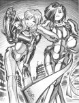  2girls adam_warren armor artist_name bubblegum_crisis building helmet linna_yamazaki long_hair mecha multiple_girls nene_romanova power_armor robot smile teeth 