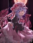  1girl absurdres blue_hair daiwa_uho frilled_ribbon frills full_moon hat highres lifted_by_self looking_at_viewer mob_cap moon open_mouth red_ribbon remilia_scarlet ribbon smile solo touhou 