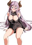  1girl arm_support bare_shoulders black_dress blue_eyes blush breasts brown_horns cleavage_cutout closed_mouth clothing_cutout detached_sleeves draph dress granblue_fantasy highres horns invisible_chair kishishi_(9impl2k0gar7qv6) large_breasts long_bangs long_hair narmaya_(granblue_fantasy) nose_blush pink_hair pointy_ears simple_background sitting smile solo split_mouth thighs very_long_hair white_background 