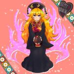  1girl aura black_dress black_headwear blonde_hair carbohydrate_(asta4282) dress earrings happy_valentine heart highres jewelry junko_(touhou) long_hair long_sleeves parted_lips phoenix_crown pom_pom_(clothes) red_eyes red_tabard sash solo tabard touhou very_long_hair wide_sleeves 
