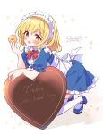  1girl :d apron back_bow blonde_hair blue_dress blue_footwear blush bow bowtie candy chocolate cookie dress food frilled_dress frills full_body heart heart-shaped_chocolate highres holding holding_cookie holding_food lotus_land_story maid maid_apron maid_day maid_headdress mary_janes mugetsu_(touhou) puffy_short_sleeves puffy_sleeves red_bow red_bowtie shoes short_sleeves simple_background smile solo thighhighs touhou touhou_(pc-98) white_apron white_background white_bow white_thighhighs yellow_eyes yurufuwa_milk 