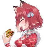  1girl ahoge akami_karubi animal_ears burger cat_ears cat_girl closed_eyes commentary dress fang food holding holding_food indie_virtual_youtuber light_blush medium_hair nago_purin open_mouth red_dress red_hair short_sleeves skin_fang smile solo transparent_background upper_body virtual_youtuber 