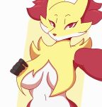 animated anthro bouncing_breasts breasts canid canine delphox female fur generation_6_pokemon inner_ear_fluff mammal nintendo nipples pokemon pokemon_(species) red_body red_eyes red_fur red_nose sheor simple_background smile smiling_at_viewer solo tuft white_body yellow_body