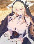  1girl absurdres arbiter1 azur_lane bare_shoulders black_gloves blonde_hair breast_cutout breasts cleavage fake_horns flower gloves hair_between_eyes half_gloves highres horns huge_breasts implacable_(azur_lane) indoors long_hair looking_at_viewer nun pelvic_curtain red_eyes revealing_clothes see-through solo thighhighs veil white_flower white_horns white_thighhighs 