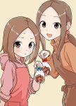  2girls absurdres age_difference apron brown_eyes brown_hair chocolate closed_mouth dot_nose highres inaba_mifumi karakai_jouzu_no_(moto)_takagi-san karakai_jouzu_no_takagi-san looking_at_viewer mother_and_daughter multiple_girls nishikata_chii open_mouth short_hair simple_background takagi-san valentine 