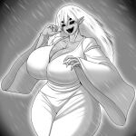 absurd_res asian_mythology big_breasts black_sclera breasts cleavage clothed clothing colored_nails da_ra_ra_ra east_asian_mythology female ghost grey_background grey_body grey_skin hair hi_res huge_breasts humanoid humanoid_pointy_ears japanese_mythology long_hair looking_at_viewer mythology nails open_mouth open_smile sharp_nails sharp_teeth simple_background smile solo spirit teeth thick_thighs white_clothing white_eyes white_hair white_nails wide_hips yokai yuki-onna