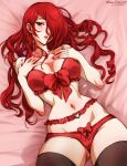  1girl bed_sheet blush bra breasts hair_over_one_eye highres kirijou_mitsuru long_hair looking_at_viewer lying medium_breasts mina_cream navel on_back panties persona persona_3 red_bra red_eyes red_hair red_panties solo thighhighs underwear underwear_only 