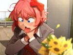  1girl blue_eyes bow commentary doki_doki_literature_club flower grey_jacket highres jacket khyle. long_sleeves open_mouth pink_hair railing red_bow sayori_(doki_doki_literature_club) short_hair solo tongue tongue_out upper_body yellow_flower 