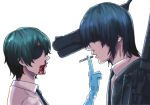  1boy 1girl black_hair blood chainsaw_man cigarette earrings eyepatch gun gun_devil_(chainsaw_man) hayakawa_aki highres himeno_(chainsaw_man) holding holding_cigarette jewelry nosebleed rinneko_art short_hair stud_earrings veins weapon 