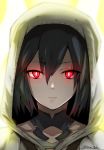  1girl brown_hair cloak collar collarbone commentary_request expressionless eyebrows_visible_through_hair fate/grand_order fate_(series) glowing glowing_eyes hair_between_eyes head_only highres hood hood_up hooded_cloak looking_at_viewer ortlinde_(fate/grand_order) red_eyes short_hair solo torichamaru twitter_username valkyrie_(fate/grand_order) yellow_background 