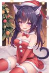  1girl :d absurdres animal_ears belt black_hair bow bowtie brown_belt cat_ears cat_girl christmas_tree commentary_request covered_navel dress elbow_gloves fang gloves hat highres kazuneko_(wktk1024) long_hair multicolored_hair open_mouth original purple_eyes red_bow red_bowtie red_dress red_gloves red_hair red_headwear red_thighhighs santa_dress santa_gloves santa_hat sitting smile solo standing streaked_hair thighhighs twintails 