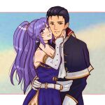  1boy 1girl absurdres belt black_hair capelet cheek-to-cheek commission commissioner_upload couple fire_emblem fire_emblem:_genealogy_of_the_holy_war fire_emblem:_thracia_776 hand_on_another&#039;s_waist heads_together highres hunnymzdraws ishtar_(fire_emblem) purple_eyes purple_hair reinhardt_(fire_emblem) smile 