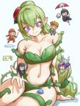  2girls 4boys armor artagoneztic bare_shoulders bikini breasts brown_hair cleavage collarbone dress dryad dryad_(terraria) fairy flower grass green_hair guide_(terraria) hair_flower hair_ornament holding knight long_hair multiple_boys multiple_girls navel orange_hair pants plant plant_clothing pointy_ears purple_eyes purple_hair red_flower shirt short_hair simple_background sitting sitting_on_shoulder size_difference slime_(substance) solo_focus swimsuit terraria thick_thighs thighs umbrella vines wand weapon white_background wide_hips wings 