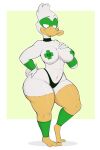 absurd_res anatid anseriform anthro armwear avian beak big_breasts bird breasts clothed clothing curvy_figure duck feathers feet female green_lantern_(series) hand_on_hip hand_on_own_breast hand_on_own_hip hi_res legwear mask non-mammal_breasts panties pasties skimpy solo thick_thighs toes underwear usnarbit voluptuous white_body white_feathers wide_hips yellow_body