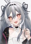  1girl absurdres alternate_hairstyle black_choker black_jacket black_ribbon blush breasts choker fu_hua fu_hua_(herrscher_of_sentience) fu_hua_(turn_up_the_music!)_(herrscher_of_sentience) grey_background grey_hair hair_between_eyes highres honkai_(series) honkai_impact_3rd jacket kubikori long_hair looking_at_viewer multicolored_hair official_alternate_costume open_clothes open_jacket open_mouth red_eyes ribbon shirt simple_background single_bare_shoulder single_off_shoulder sleeveless sleeveless_shirt small_breasts solo streaked_hair twintails white_hair white_shirt yellow_pupils 