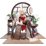  1girl artist_request bare_shoulders black_gloves black_thighhighs blonde_hair blue_eyes bonsai breasts china_dress chinese_clothes cleavage cleavage_cutout closed_mouth clothing_cutout crossed_legs dp-27 dp28_(coiling_morning_glory)_(girls&#039;_frontline) dp28_(girls&#039;_frontline) dress elbow_gloves flower full_body fur_shawl girls&#039;_frontline gloves green_bracelet hair_between_eyes hair_flower hair_ornament hand_up high_heels highres lantern large_breasts light_blush long_hair looking_at_viewer official_alternate_costume official_art paper_lantern plant potted_plant red_dress red_footwear shawl shoe_dangle simple_background sitting skindentation smile solo thighhighs third-party_source transparent_background vase very_long_hair weapon_case wooden_floor 