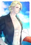  1boy blonde_hair closed_mouth cloud cloudy_sky fire_emblem fire_emblem_fates fire_emblem_heroes highres holding_floatie looking_at_viewer male_focus official_alternate_costume open_clothes open_shirt red_eyes sky ultrablueanya upper_body xander_(fire_emblem) xander_(summer)_(fire_emblem) 