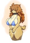  1girl :&lt; animal_nose bikini body_fur breasts brown_hair collar covered_nipples cropped_legs dog_girl dog_tail furry furry_female hair_over_eyes j7w large_breasts long_hair messy_hair original solo standing studded_collar swimsuit tail thighs undersized_breast_cup 