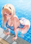  1girl ass baldr_sky blonde_hair blue_eyes blue_one-piece_swimsuit breasts cleavage commentary_request commission competition_swimsuit highres kirishima_rain large_breasts leaning_forward long_hair one-piece_swimsuit pixiv_commission poolside shirosaba smile solo swimsuit wading water 