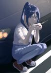  1girl blue_hair blue_pants car closed_mouth collarbone commentary commentary_request highres honda honda_s2000 long_hair looking_at_viewer love_live! love_live!_sunshine!! matsuura_kanan motor_vehicle pants ponytail purple_eyes red_footwear s_sho_mkrn shirt shoes short_sleeves sidelocks solo squatting white_shirt 