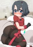  1girl ass black_hair black_pantyhose blue_eyes blush bound bound_legs closed_mouth hair_between_eyes happy_valentine hat highres kaban_(kemono_friends) kemono_friends looking_at_viewer lying on_side panties panties_under_pantyhose pantyhose pink_ribbon ransusan red_shirt ribbon shirt short_sleeves smile solo underwear unworn_hat unworn_headwear white_panties 