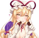 1girl blonde_hair blush breasts candy chocolate cleavage dress food gloves grin hat hat_ribbon heart heart-shaped_chocolate highres holding holding_chocolate holding_food kirisita long_hair looking_at_viewer mob_cap neck_ribbon purple_dress ribbon smile solo touhou valentine white_background white_gloves yakumo_yukari yellow_eyes 