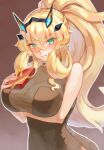  1girl bare_shoulders barghest_(fate) black_dress blonde_hair blush box breasts dress fate/grand_order fate_(series) gift gift_box green_eyes high_ponytail highres koitan large_breasts long_hair looking_at_viewer solo 