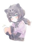  1girl absurdres animal_ears black_bow black_bowtie black_fur black_gloves black_jaguar_(kemono_friends) blue_eyes blush bow bowtie box center_frills elbow_gloves frills gloves hair_between_eyes heart-shaped_box high-waist_skirt highres jaguar_ears jaguar_girl jaguar_print kemono_friends kuromitsu_(9633_kmfr) print_bow print_bowtie print_skirt purple_shirt shirt short_hair short_sleeves sidelocks skirt solo sweatdrop upper_body 