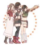  3girls aerith_gainsborough armor bangle bare_shoulders black_bra black_gloves black_hair black_skirt black_thighhighs boots bra bracelet breasts brown_eyes brown_footwear brown_hair chest_strap choker crop_top cropped_jacket dress elbow_gloves final_fantasy final_fantasy_vii final_fantasy_vii_rebirth final_fantasy_vii_remake fingerless_gloves full_body gloves green_eyes green_skirt grey_shorts hair_ribbon hand_on_own_chest hand_to_own_mouth headband highres jacket jewelry large_breasts long_dress long_hair looking_to_the_side loose_socks medium_breasts midriff miniskirt multiple_girls navel open_mouth orange_footwear orange_gloves outstretched_arm parted_bangs pink_dress pink_ribbon pointing red_footwear red_jacket rena_s1226 ribbon ribbon_choker shirt shoes short_hair short_shorts short_sleeves shorts shoulder_armor sidelocks single_bare_shoulder single_shoulder_pad skirt sleeveless sleeveless_shirt sleeveless_turtleneck smile sneakers socks sports_bra suspenders thigh_strap thighhighs tifa_lockhart turtleneck underwear wavy_hair white_shirt yuffie_kisaragi 