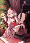  1797928123 :p absurdres alternate_costume ash_arms breasts carpet character_doll christmas_tree commentary_request curtains green_eyes hair_ornament highres instrument kneeling long_hair looking_at_viewer no_shoes small_breasts thighhighs tongue tongue_out violin window x_hair_ornament 