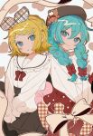 2girls :o alternate_costume alternate_hairstyle aqua_eyes aqua_hair bear_hair_ornament beret black_headwear black_skirt blonde_hair bow bowtie closed_mouth commentary frilled_sailor_collar frills hair_between_eyes hair_bow hair_ornament hairclip hassan_(sink916) hat hatsune_miku heart heart_hair highres kagamine_rin multiple_girls open_mouth patterned_background plaid plaid_bow plaid_skirt pleated_skirt polka_dot polka_dot_skirt red_bow red_bowtie red_skirt sailor_collar shirt sidelocks skirt smile swept_bangs symbol-only_commentary vocaloid white_background white_bow white_sailor_collar white_shirt 