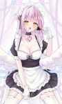  1girl alternate_costume angel_wings apron black_dress blue_archive blush breasts cleavage collarbone commentary dress english_commentary enmaided feathered_wings frilled_apron frills garter_straps gloves hair_bun halo highres large_breasts long_hair looking_at_viewer maid maid_apron maid_headdress mika_(blue_archive) open_mouth pink_hair puffy_short_sleeves puffy_sleeves short_sleeves simple_background single_side_bun solo suineco thighhighs white_apron white_background white_gloves white_thighhighs white_wings wings yellow_eyes 