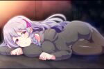  1girl blurry blurry_background blush braid breasts clenched_hands commentary_request felicette_(marfusha) hair_between_eyes hair_ornament large_breasts long_hair looking_at_viewer lying marfusha on_floor open_mouth pantyhose purple_eyes purple_hair shimane_no_norainu side_braid solo uniform 