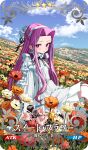  1girl blue_sky character_request check_character closed_mouth cloud commentary_request craft_essence_(fate) day dress fate/grand_order fate_(series) field flower flower_field long_sleeves looking_at_viewer luicent medusa_(fate) medusa_(lancer)_(fate) official_art orange_flower outdoors parted_bangs pink_hair puffy_long_sleeves puffy_sleeves purple_eyes red_flower sitting sky solo star_(symbol) white_dress white_flower yellow_flower 
