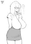  ... 1girl arms_behind_back bangs_pinned_back before_and_after blush breasts bursting_breasts cleavage collarbone collared_shirt commentary commission english_commentary forehead glasses greyscale highres huge_breasts inne_sulistya_robin long_hair miniskirt monochrome norman_maggot original pencil_skirt sagging_breasts shirt short_sleeves skirt solo spoken_ellipsis standing taut_clothes taut_shirt 