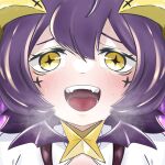  1girl blush breath cross-shaped_pupils cross_tattoo demon_horns hair_between_eyes heavy_breathing highres horns looking_at_viewer magia_baiser mahou_shoujo_ni_akogarete open_mouth purple_hair pyonpyon_suu short_hair shrug_(clothing) smile solo sweat symbol-shaped_pupils teeth upper_body yellow_eyes 