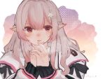  1girl elu_(nijisanji) flower gradient_background hair_flower hair_ornament highres jacket long_hair looking_to_the_side mugita_01 nijisanji open_mouth own_hands_together pink_hair pointy_ears red_eyes virtual_youtuber 