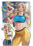  1girl abs ami_(roonsheen) black_pants blonde_hair blue_sports_bra breasts collage commentary english_commentary exercise green_eyes hair_ornament hair_scrunchie highres large_breasts looking_at_viewer low_twintails medium_hair midriff muscular muscular_female original pants pink_pants pink_sports_bra roonsheen rubber_band scrunchie smartwatch solo sports_bra striped_clothes striped_pants sweat thick_thighs thighs track_pants twintails vertical-striped_clothes vertical-striped_pants watch white_sports_bra wristwatch yellow_pants 