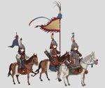  3girls armor arrow_(projectile) bow_(weapon) brigandine_(armor) brown_horse cavalry chinese_armor chinese_empire fangdan_runiu flag grey_background gun helmet holding holding_flag horseback_riding jitome lamellar_armor ming_dynasty mirror_armor multiple_girls original quiver riding saddle_blanket stirrups_(riding) tassel weapon white_horse 