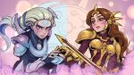  2girls armor armored_dress armored_gloves black_gloves blush brown_eyes brown_hair closed_mouth diana_(league_of_legends) english_commentary fingerless_gloves gloves grey_eyes grey_hair hair_slicked_back holding holding_sword holding_weapon league_of_legends leona_(league_of_legends) looking_at_another looking_at_viewer multiple_girls parted_lips phantom_ix_row shoulder_armor sword upper_body weapon yuri 