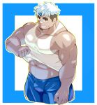  1boy akiha_gongen_(housamo) bandaid bandaid_on_face bandaid_on_nose bara blue_theme cropped_legs dark-skinned_male dark_skin facial_hair goatee goatee_stubble horns huge_eyebrows lifted_by_self looking_at_viewer male_focus midriff_peek multicolored_hair muscular muscular_male navel pectoral_cleavage pectorals ragi_san_(ononokomachiimo) seductive_smile short_hair sidepec single_horn smile solo square_background standing stubble tank_top tokyo_afterschool_summoners two-tone_hair white_tank_top 