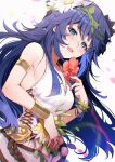 1girl alternate_costume blue_eyes blue_hair blush breasts chromatic_aberration dress fire_emblem fire_emblem_awakening fire_emblem_heroes flower hair_between_eyes head_wreath highres long_hair looking_at_viewer lucina_(fire_emblem) lucina_(valentine)_(fire_emblem) nakabayashi_zun official_alternate_costume open_mouth simple_background smile solo sundress white_background 